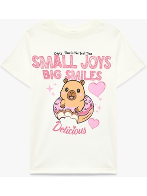 Koton Kız Çocuk Baskılı Kısa Kollu Pamuklu Tişört Ekru Renk Günlük Stil Orta Kalınlık