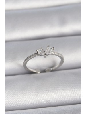 DS LLC Ietaks™ Pirinç Gümüş Renk Ayaralanabilir Zirkon Taşlı Kalp Model Kadın Yüzük