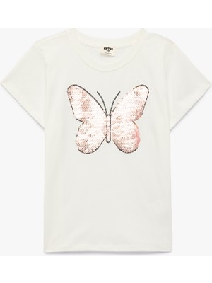Koton Pullu Payetli Kelebek Desenli Kısa Kollu Pamuklu Tişört