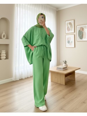 Modamorfo Çift Cepli Yarım Yarasa Kol Salaş Gömlek Takım    -A.yeşil