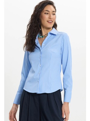 Tudors Kadın Slim Fit Dar Kesim Uzun Kollu Çizgili Mavi Gömlek
