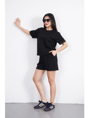 Infivento Osy Modal Yumuşak Dokulu Kumaş Bisiklet Yaka T-Shirt Kısa Şort Ikili Takım - Siyah
