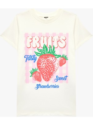Koton Çilek Baskılı Kısa Kollu Bisiklet Yaka Pamuklu Tişört