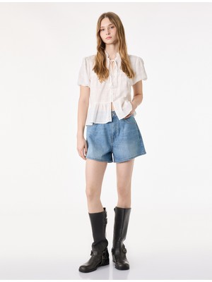 Koton Normal Bel Cepli Düğmeli Pamuklu Mini Denim Şort