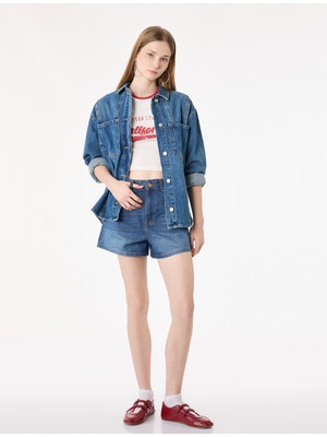 Koton Normal Bel Cepli Düğmeli Pamuklu Mini Denim Şort