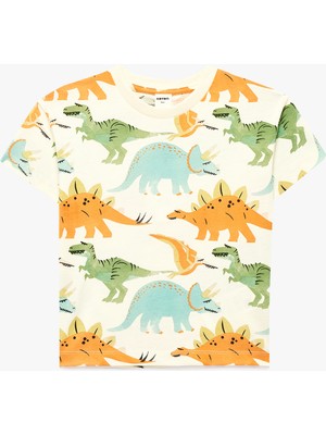 Koton Dinozor Baskılı Bisiklet Yaka Kısa Kollu Pamuklu Tişört