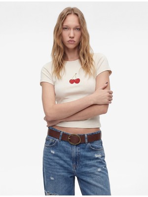 Koton Kiraz Baskılı Kısa Kollu Bisiklet Yaka Pamuklu Pullu Payetli Tişört