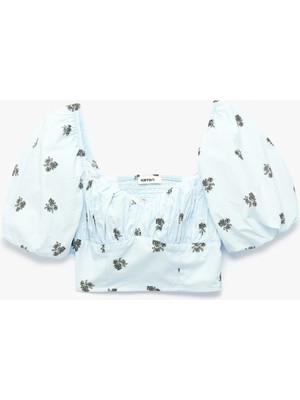 Koton Slim Fit Kalp Yaka Gipeli Kısa Çiçekli Balon Kollu Crop Büstiyer