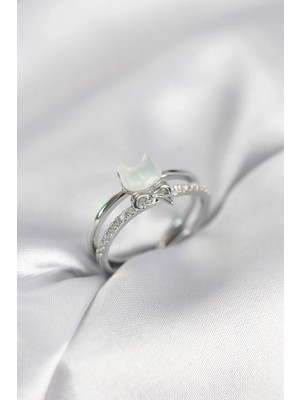 DS LLC Ietaks™ Gümüş Renk Sedefli Kedi Model Fiyonklu Zirkon Taşlı Kadın Yüzük