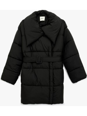 Koton Uzun Kollu Cepli Fermuarlı Şal Yaka Kemerli Su Itici Anorak Şişme Mont