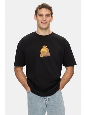 Ucla Dutchıe Siyah Bisiklet Yaka Baskılı %100 Pamuk Oversize Erkek Tshirt