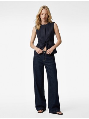 Koton Bisiklet Yaka Kemerli Çizgili Yelek