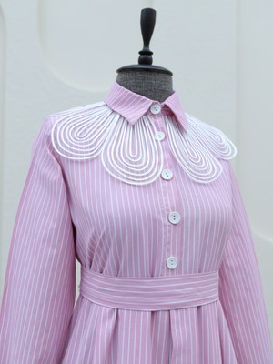 Moda Morfo Organze Gömlek Yaka Çizgili Kuşaklı Elbise -Pembe