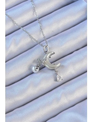 DS LLC Ietaks™ 316L Çelik Zincir Gümüş Renk Zirkon Taşlı Kelebekli Mineli Ay Kolye