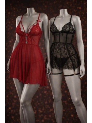 albonse Siyah Kırmızı Dantel Detaylı Göğüs Dekolteli Transparan Tül Fantezi Gecelik 2’li Set