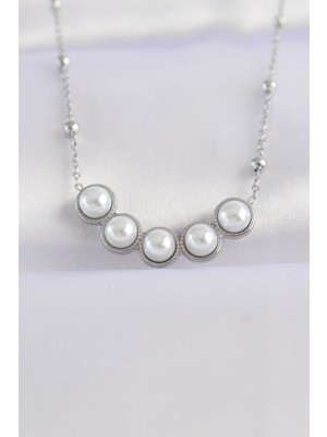 DS LLC Ietaks™ 316L Çelik Zincir Gümüş Renk Sıralı Inci Taşlı Kolye