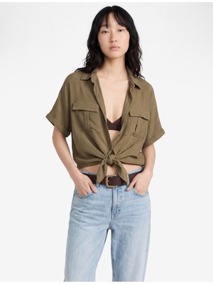 Koton Aerobin Kumaş Rahat Kalıp Kısa Kollu Bağlama Detaylı Cepli Yazlık Gömlek