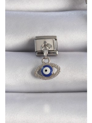 DS LLC Ietaks™ 316L Çelik Gümüş Renk Sallantılı Göz Figür Nazar Boncuk Detay Nomination Charm
