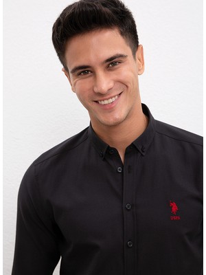 U.S. Polo Assn. Slim Fit Düz Siyah Erkek Gömlek Truvakar Kol Klasik Stil Düz Desen