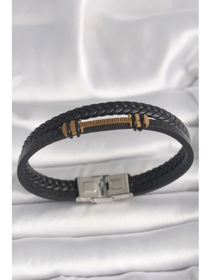 DS LLC Ietaks™ 316L Çelik Gold Renk Zikzak Işlemeli Aksesuarlı Çift Sıra Burgu Desenli Deri Ko