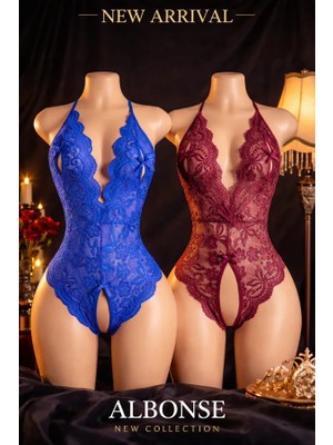 albonse Mavi Bordo Dantel Detaylı Sırtı Açık ve Özel Bölgesi Açık Fantezi Gecelik