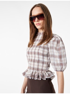 Koton Slim Fit Kısa Balon Kollu Fırfırlı Yaka Ekose Bluz