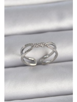 DS LLC Ietaks™ Pirinç Gümüş Renk Ayarlanabilir Zirkon Taşlı Sarmal Model Kadın Yüzük