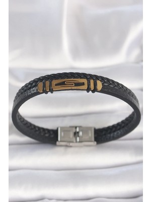 DS LLC Ietaks™ 316L Çelik Gold Renk Aksesuarlı Çift Sıra Siyah Burgu Desenli Deri Kordon Erkek B�