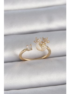 DS LLC Ietaks™ Pirinç Gold Renk Ayarlanabilir Zirkon Taşlı Yıldız Model Kadın Yüzük