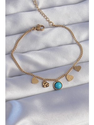 DS LLC Ietaks™ 316L Çelik Gold Renk Minimal Kalpli Mavi Taş Detaylı Bileklik