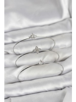 DS LLC Ietaks™ Zirkon Taşlı Gümüş Renk Yonca Model 3'lü Kadın Bileklik Kombini