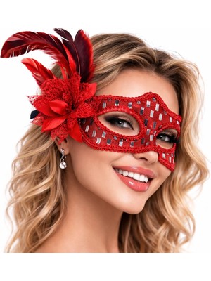 DS LLC Kırmızı Tüylü Balo Maskesi Kadın Parti Aksesuarı
