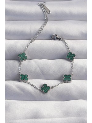 DS LLC Ietaks™ 316L Çelik Baby Boy Gümüş Renk Çizgili Yeşil Mineli Yonca Bileklik