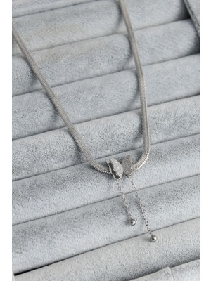 DS LLC Ietaks™ 316L Çelik Gümüş Renk Italyan Zincir Model Simli Kelebek Figür Kadın Kolye