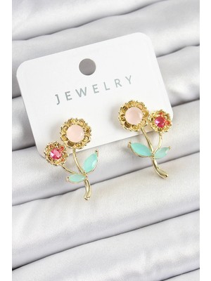 DS LLC Ietaks™ Pirinç Renkli Zirkon Taşlı Papatya Model Gold Renk Kadın Küpe