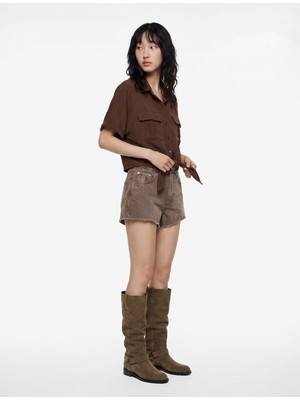 Koton Aerobin Kumaş Rahat Kalıp Kısa Kollu Bağlama Detaylı Cepli Yazlık Gömlek