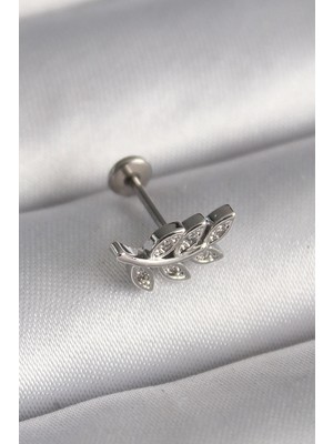 DS LLC Ietaks™ 316L Çelik Gümüş Renk Dal Model Zirkon Taş Detaylı Tragus Piercing