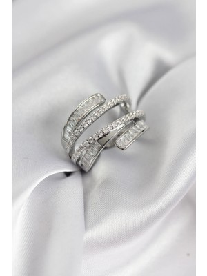 DS LLC Ietaks™ Sarmal Zirkon Baget Taşlı Gümüş Renk Kadın Yüzük