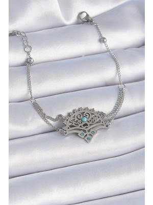 DS LLC Ietaks™ 316L Çelik Gümüş Renk Mavi Taşlı Etnik Desen Kadın Bileklik