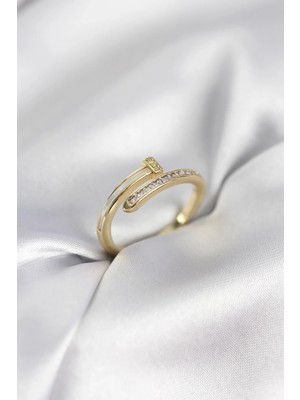 DS LLC Ietaks™ Zirkon Taşlı Gold Renk Yassı Çivi Model Kadın Yüzük