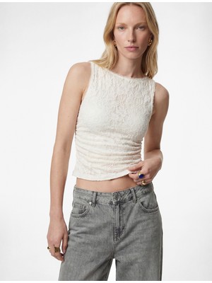 Koton Slim Fit Kolsuz Yuvarlak Yaka Dantelli Bluz
