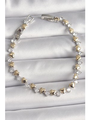 DS LLC Ietaks™ Pirinç Gümüş Renk Zirkon Taşlı Gold Kalpli Vıp Seri Kadın Bileklik