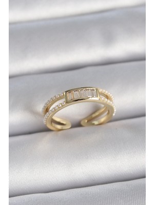 DS LLC Ietaks™ Pirinç Gold Renk Ayarlanabilir Sıralı Incili Zirkon Taş Detaylı Kadın Yüzük