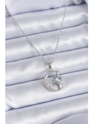 DS LLC Ietaks™ 316L Çelik Gümüş Renk Zirkon Taşlı Ay Yıldız Model Kadın Kolye
