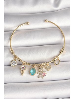 DS LLC Ietaks™ Pirinç Gold Renk Sallantı Zirkon Taşlı Ayıcık Figür Kalp Detay Charm Kadın Bilekl