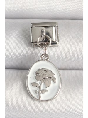 DS LLC Ietaks™ 316L Çelik Gümüş Renk Çiçek Işlemeli Beyaz Portre Model Nomination Charm