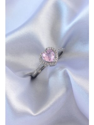 DS LLC Ietaks™ Gümüş Renk Pembe Zirkon Taşlı Kalp Charm Model Pirinç Kadın Yüzük