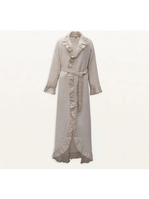 Ecocotton Miranda Kadın Sabahlık %100 Keten Parça Boya Bej