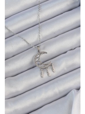 DS LLC Ietaks™ 316L Çelik Zincir Gümüş Renk Işlemeli Zirkon Taşlı Ay Kolye