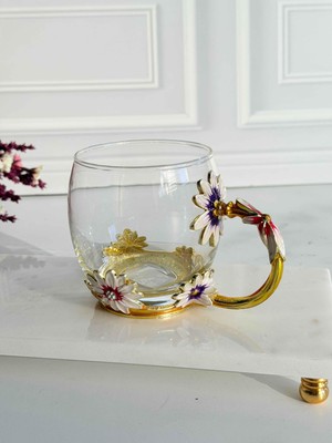 Rossev Dekoratif Cam Kupa Flore Glow-Metal Kulplu 200ML